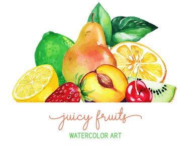 Heap ow hand drawn watercolor fruits, banner template