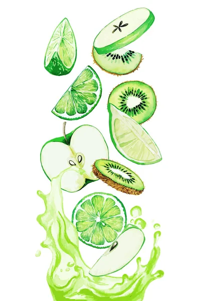 Green fruits falling in the green juice splash — Stock vektor