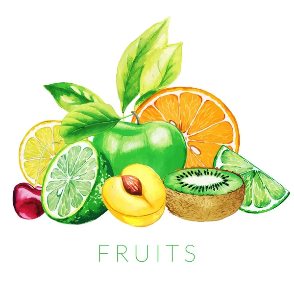 Montón de frutas mixtas, acuarela vector dibujado a mano — Vector de stock