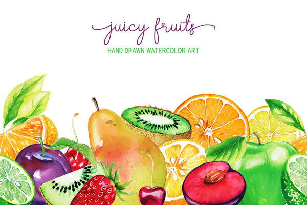 Плоды акварельного сада, бесшовная граница, ручная работа
