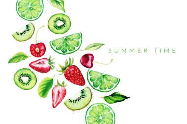Watercolor fruits, flat lay background, hand drawn vector
