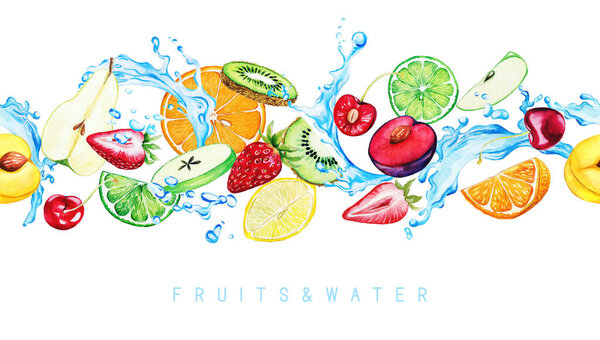 Акварель сад фрукты и вода брызги, бесшовные границы
