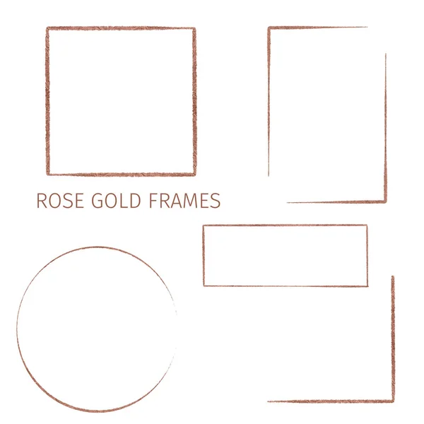 Colección de cinco marcos de oro rosa, dibujado a mano — Vector de stock