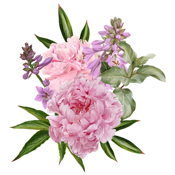 ピンクの牡丹、ホスタの花とシベリーの枝 — ストック写真