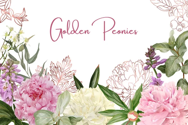 Пышные пионы, цветы и лепестки из розового золота — стоковый вектор