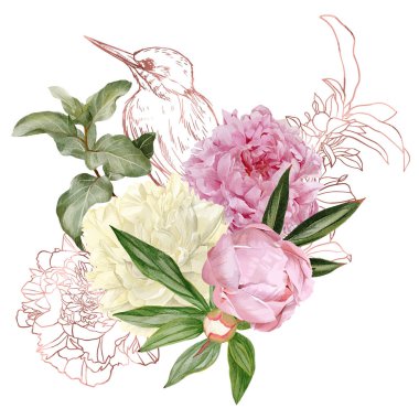 Dallar, gül sarısı çiçekler ve kuş.