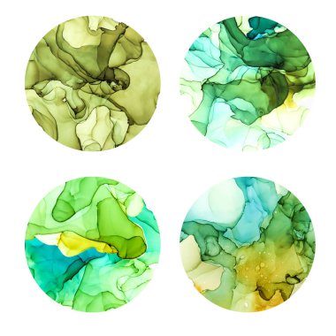 Yuvarlak posterler, suluboya arka plan, yeşil gölgeler.