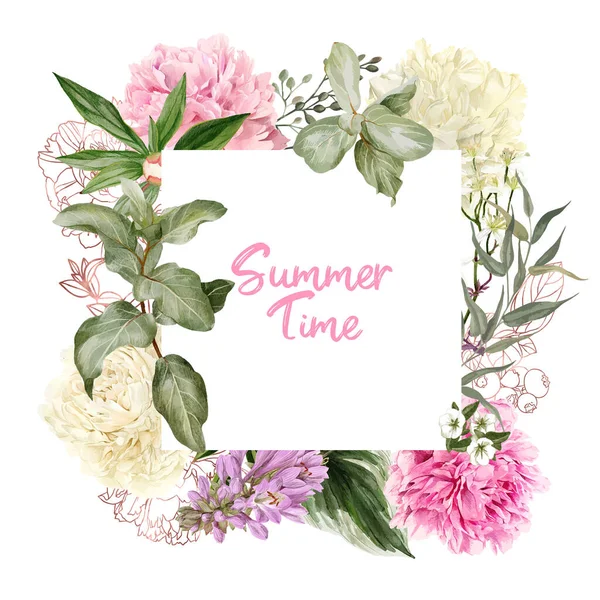 Dekorativa akvarell blommig ram, vit och rosa pioner — Stock vektor