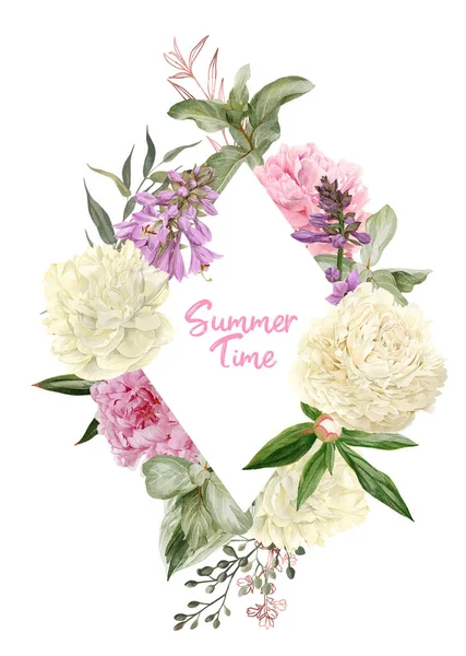 Marco floral acuarela decorativa, peonías blancas y rosadas — Archivo Imágenes Vectoriales