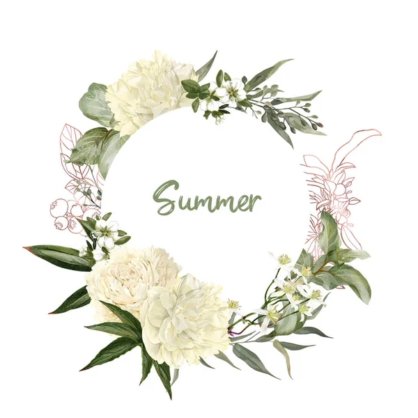 Decoratieve aquarel bloemkader, witte en roze pioenrozen — Stockvector