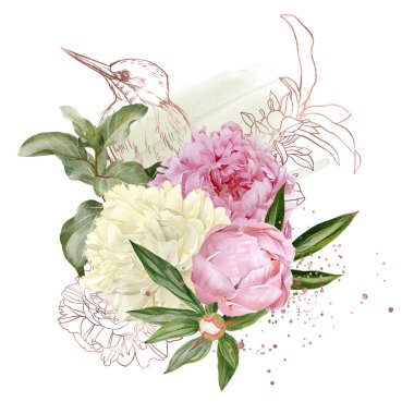 Yeşillik şakayıklar, ev sahibi çiçekler ve gümüş çilek dalları.