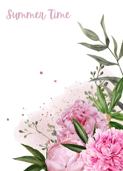 Exuberantes peonías, flores y oro rosa elementos florales — Vector de stock