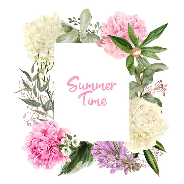 Διακοσμητικό καρέ με λουλούδια, λευκό και ροζ παιώνιες — Διανυσματικό Αρχείο