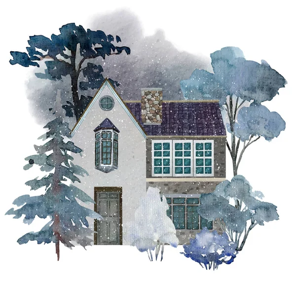 Watercolor portrait of house in the winter trees — Stock Vector