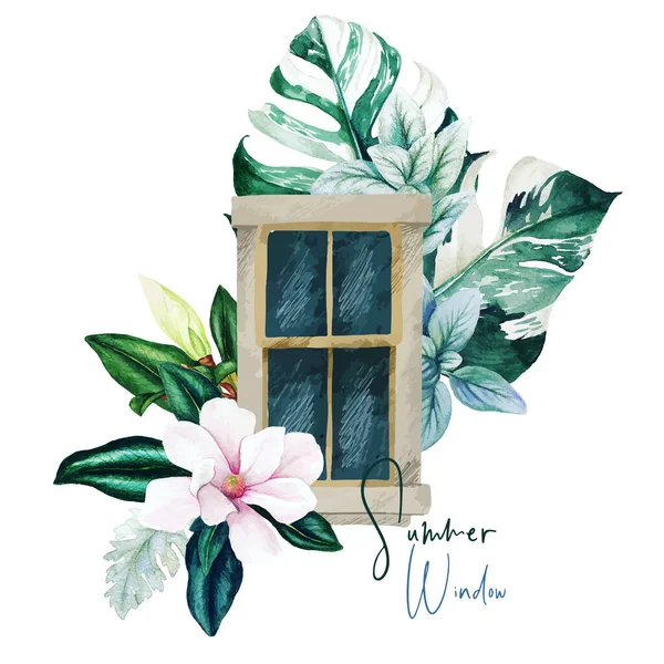 Concetto parete arte con finestra ad acquerello con fiori giganti — Vettoriale Stock