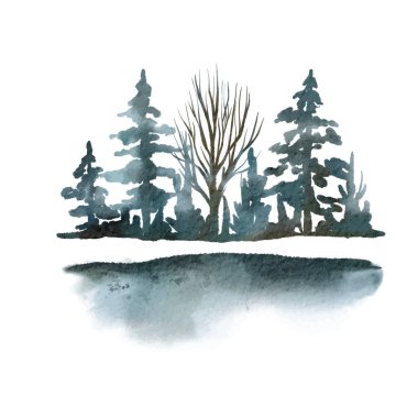 Karlı ağaçlar ve çalılar, kış manzarası elementleri, mavi kış ormanı