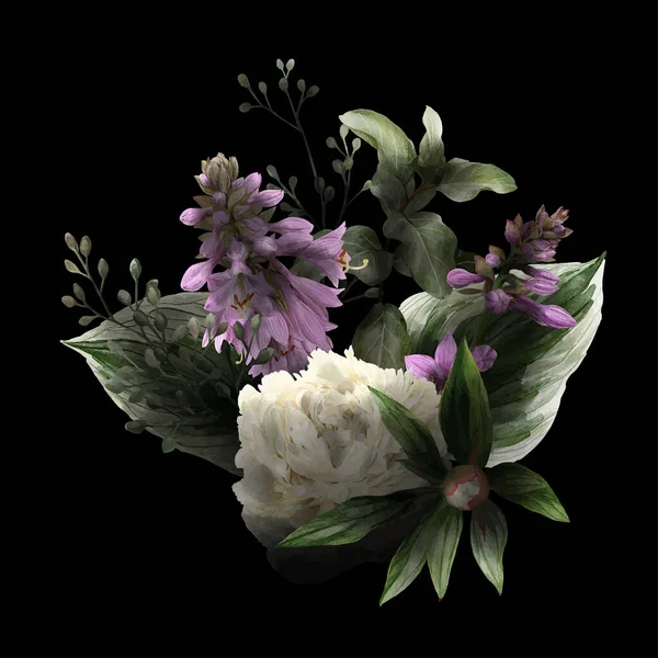 Frodig blommig bukett i låg ton, svart bakgrund — Stock vektor