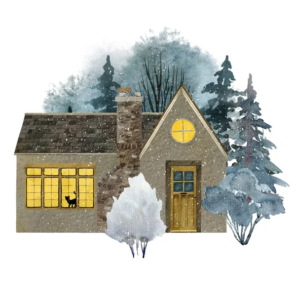 Watercolor portrait of house in the winter trees — Stock Vector