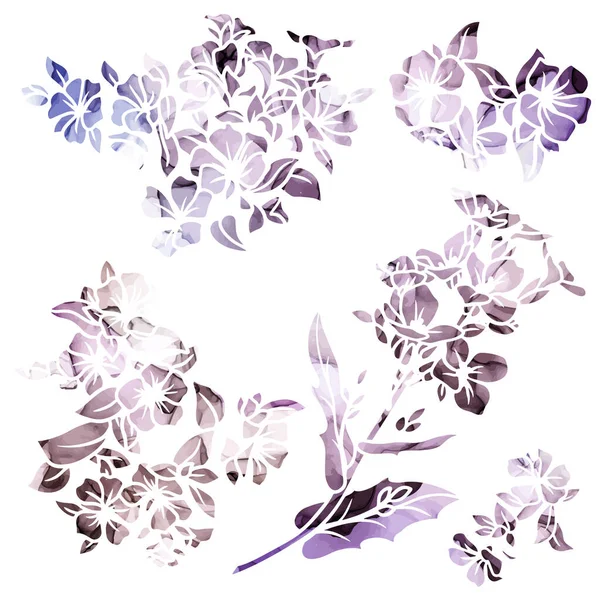 Крошечные цветы силуэты с фиолетовой текстурой чернил — стоковый вектор