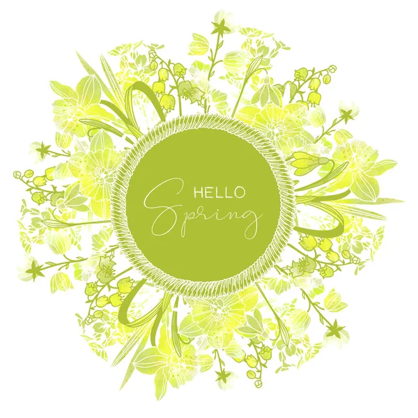 Bannière ronde avec fleurs de printemps jaunes avec texture aquarelle abstraite — Image vectorielle