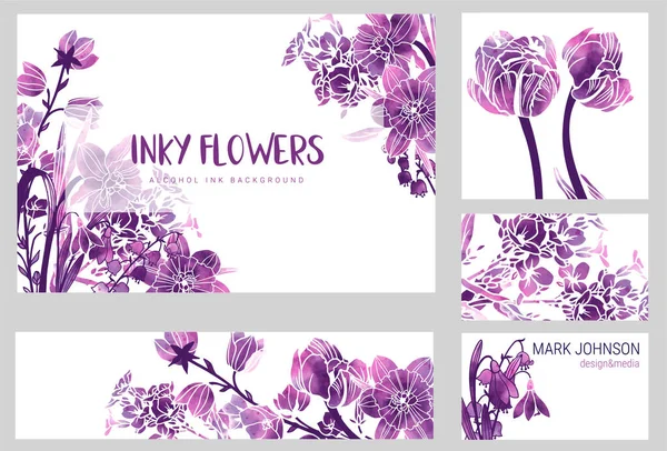 Set of four wedding invitation cards, spring flowers with alcohol ink texture — Stock Vector
