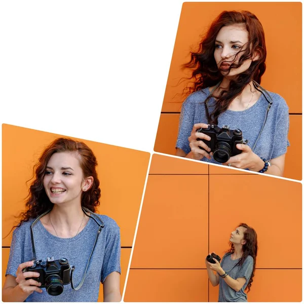 Menina colagem com câmera no fundo laranja — Fotografia de Stock