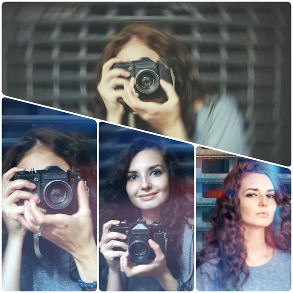 Collage hipster meisje met camera — Stockfoto