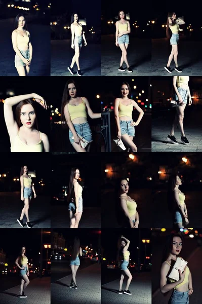 Fashionale girl posing in night city over the blurred lights. Set of toned images. Shifted color, shallow DOF — Stock Photo, Image