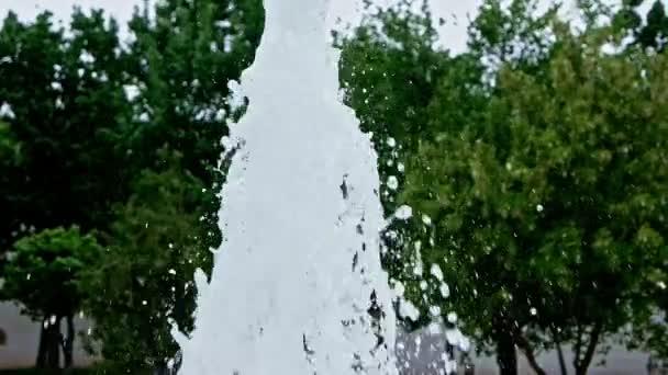 Розщеплення фонтану повільна вода рухається в парку зеленої природи — стокове відео