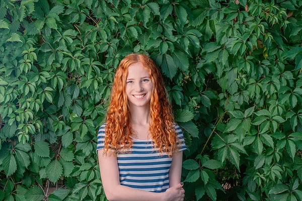 ブドウに立っている赤毛の若い女性生意気な晴れやかな笑顔でカメラ目線壁を葉します。 — ストック写真