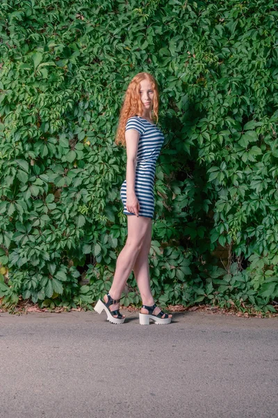 Ginger gadis berambut berdiri di depan dinding anggur — Stok Foto