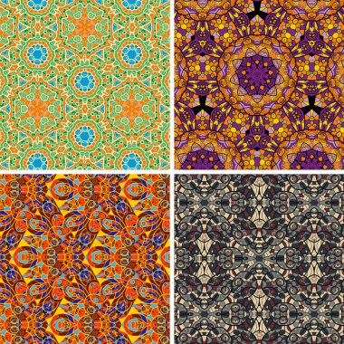 Renkli dikişli vektör deseni oryantal geometrik doku seti dört.