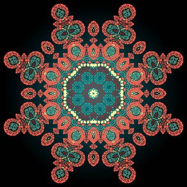 Siyah üzerine kırmızı renkli süs mandalası. Vektör sanatı. Vintage tasarım öğesi.