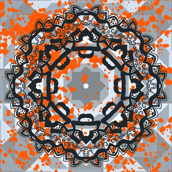 Black Ornate Mandala Orange Splashes Vector Decorative Background Template Frame — Stock Vector