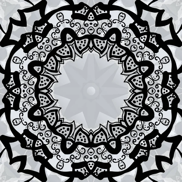 Schwarzer Stilisierter Rahmen Über Symmetriegrauer Tapete Vektor Mandala Rahmen Vorlage — Stockvektor