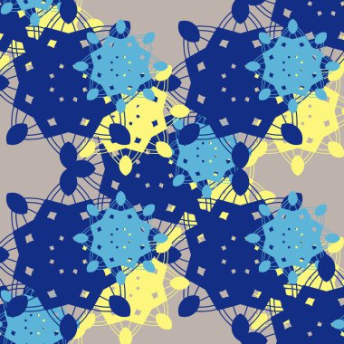 Mavi ve sarı renkte koloful kar tanelerinden yapılmış dikişsiz arka plan