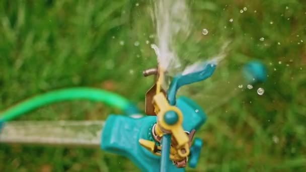 Sprinkler Κεφάλι Πότισμα Γρασίδι Στον Τομέα Του Αθλητισμού Κορυφή Άποψη — Αρχείο Βίντεο