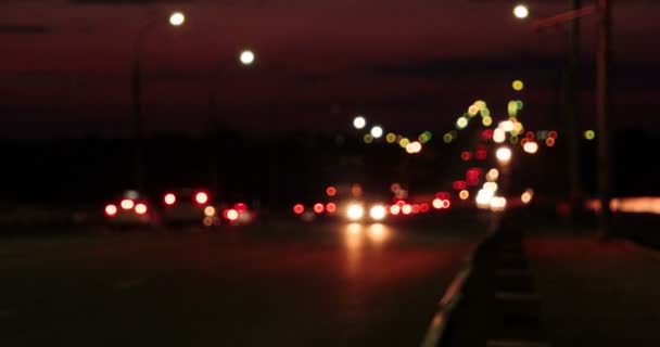 Night Traffic On Overpass Defocused Commuters Cars — Stock Video