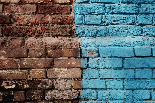 Weathered Half Painted In Blue Brick Wall — Stock Photo, Image
