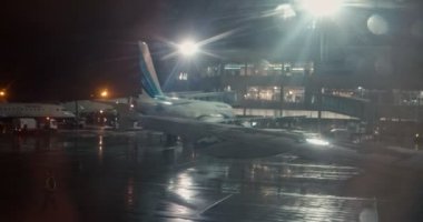 Moskova Rusya, 03 Mart 2019: Sheremetievo Havaalanı'nın uçak ve terminalini görüntüleyin