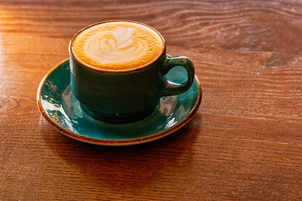 Ceramic Cup Of Cappuccino On Wooden Table With Copyspace — Stock Photo, Image