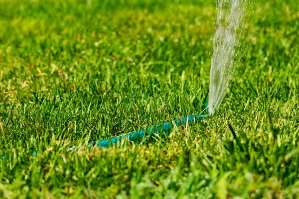 Sistema de riego móvil que extiende el agua por todo el césped verde, rociador de jardín en un verano soleado . — Foto de Stock