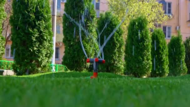 Lawn sprinkler dolgozik a kertben — Stock videók