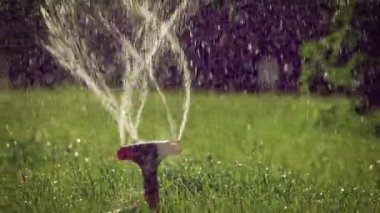 Çalışma çim sprinkler yavaş hareket arkadan aydınlatmalı yakın çekim