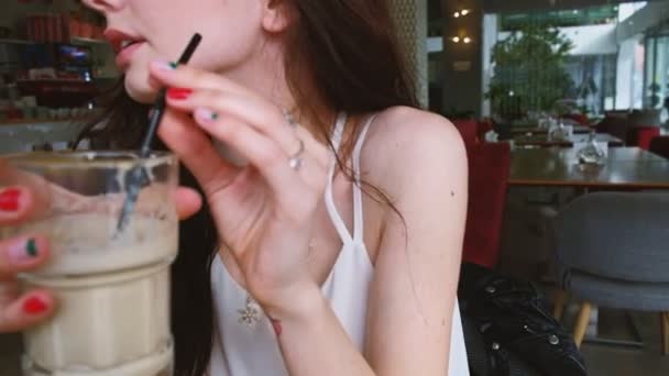 Young Woman Sitting Cafe Glass Cup Coffee Milkshake Drinking Close — Stockvideo