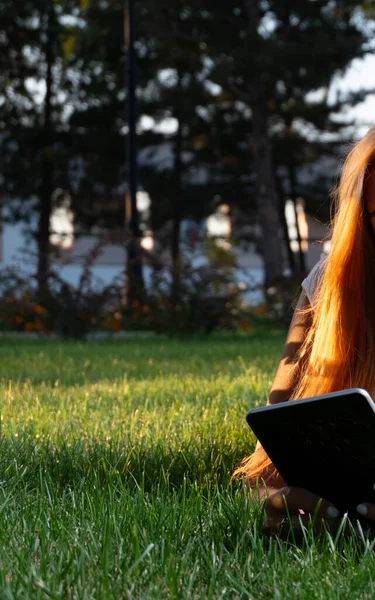 Dijital eğitim. Park yerinde tabletle çalışan öğrenci — Stok fotoğraf