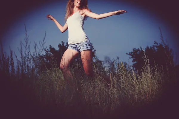 Young Lady Full Joy Energy Dancing Tall Grass Night Shot — Stock Photo, Image