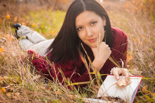 Aardig meisje in liggend in hoog gras in de velden met poëzie boek, ze is op zoek naar camera serieus en kalm — Stockfoto