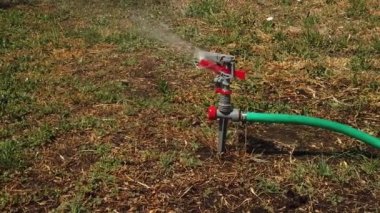 Sulama sisteminin başı kuruyan çimenlere su püskürtür.