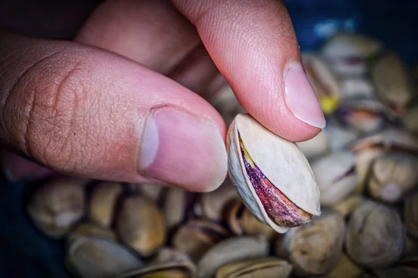 Fingers Holding One Pistachios Full Bowl Grain Effect — Stock Photo, Image